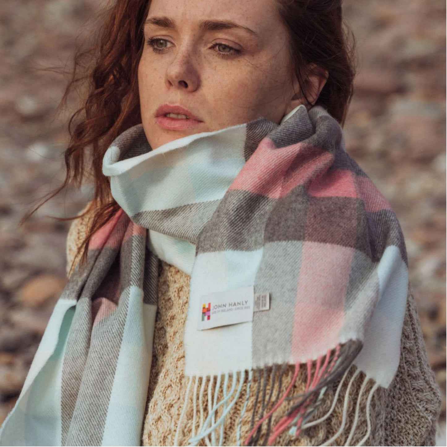 Aqua, Grey, Cream & Pink Block Check Pattern | Merino Luxury Wool Scarf | Made in Nenagh, Co. Tipperary