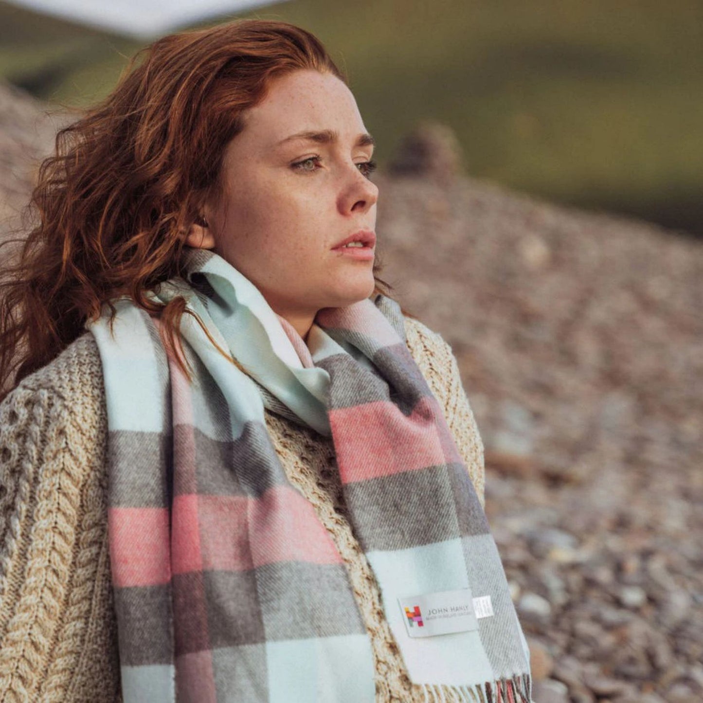 Aqua, Grey, Cream & Pink Block Check Pattern | Merino Luxury Wool Scarf | Made in Nenagh, Co. Tipperary