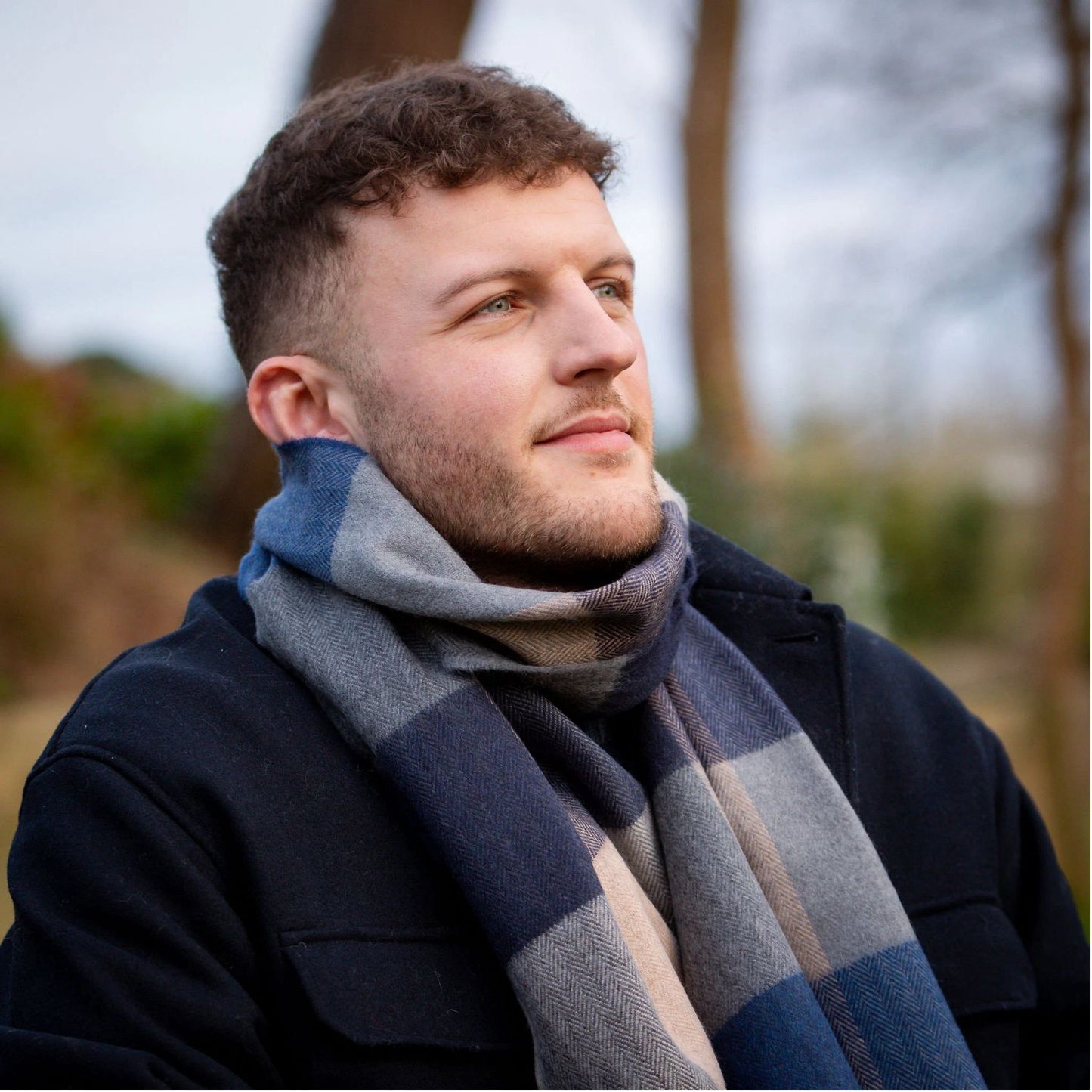 Blue, Navy & Sand Block Check Pattern | Merino Luxury Wool Scarf | Made in Nenagh, Co. Tipperary