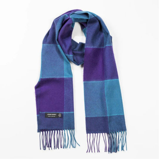 Blue & Purple Block Check Pattern | Merino Luxury Wool Scarf | Made in Nenagh, Co. Tipperary