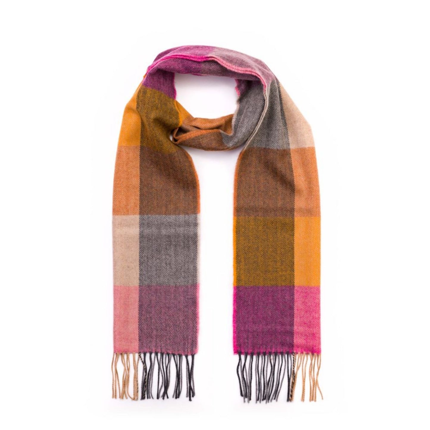 Pink, Mustard & Sand Block Check Pattern | Merino Luxury Wool Scarf | Made in Nenagh, Co. Tipperary