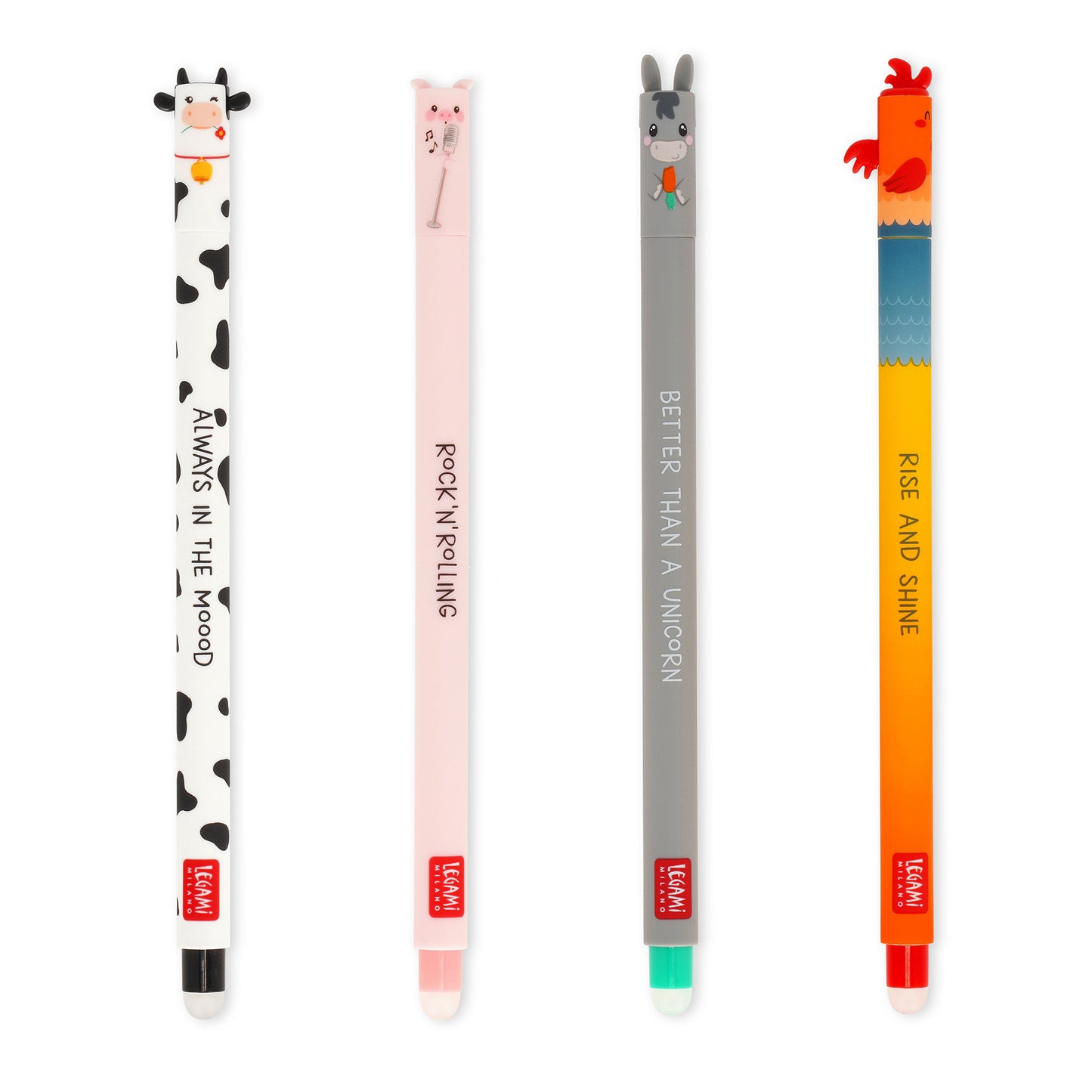 Cow + Piggy + Donkey + Rooster - Farm, Sweet Farm | 4 Erasable Gel Pens