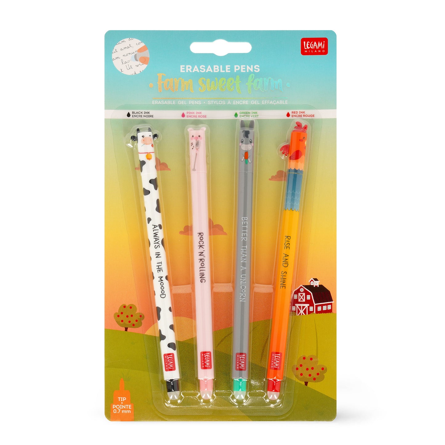 Cow + Piggy + Donkey + Rooster - Farm, Sweet Farm | 4 Erasable Gel Pens