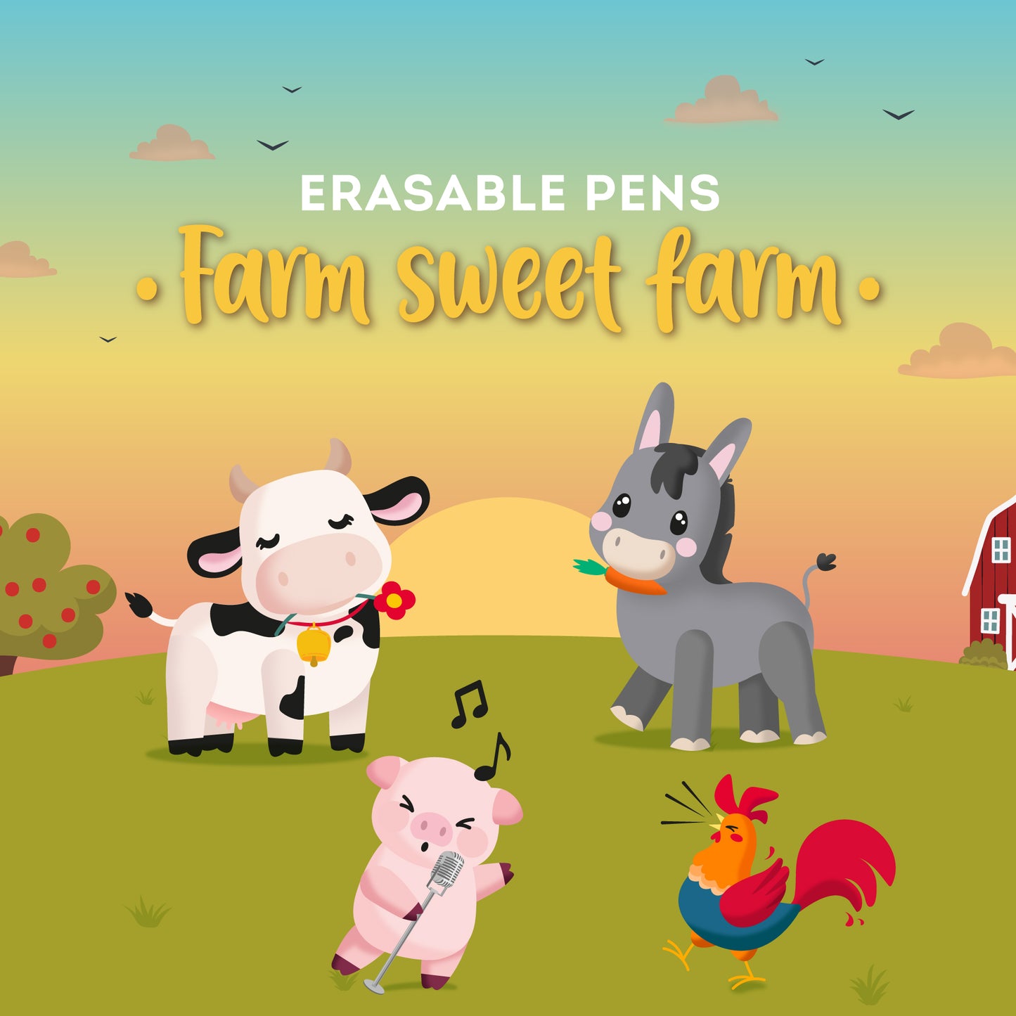 Cow + Piggy + Donkey + Rooster - Farm, Sweet Farm | 4 Erasable Gel Pens