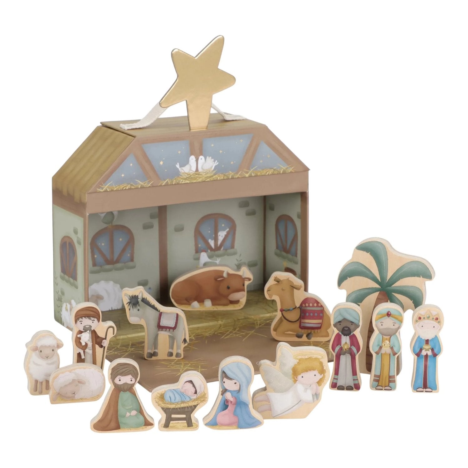Wooden nativity scene set with stable and figures on a white background