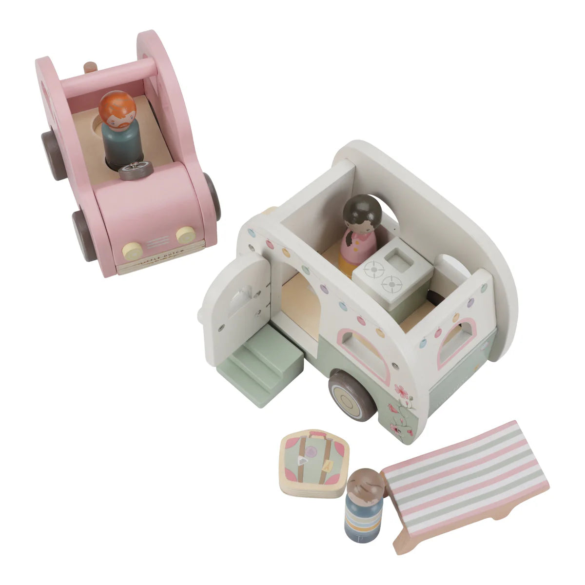 Vintage Car with Caravan and Dolls | Wooden Toy Set for Imaginative Play