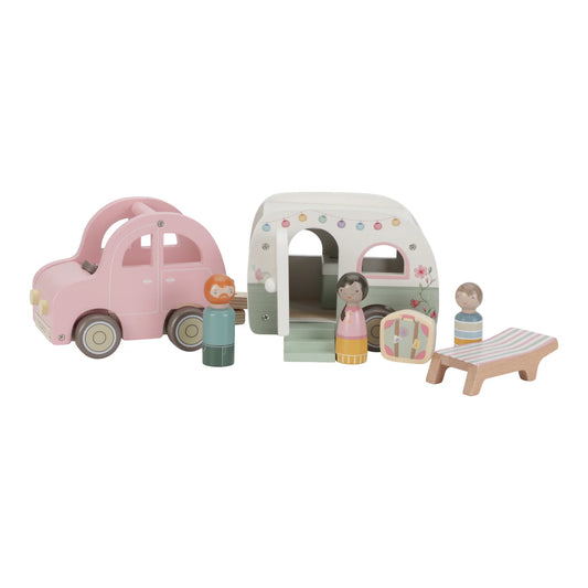 Vintage Car with Caravan and Dolls | Wooden Toy Set for Imaginative Play