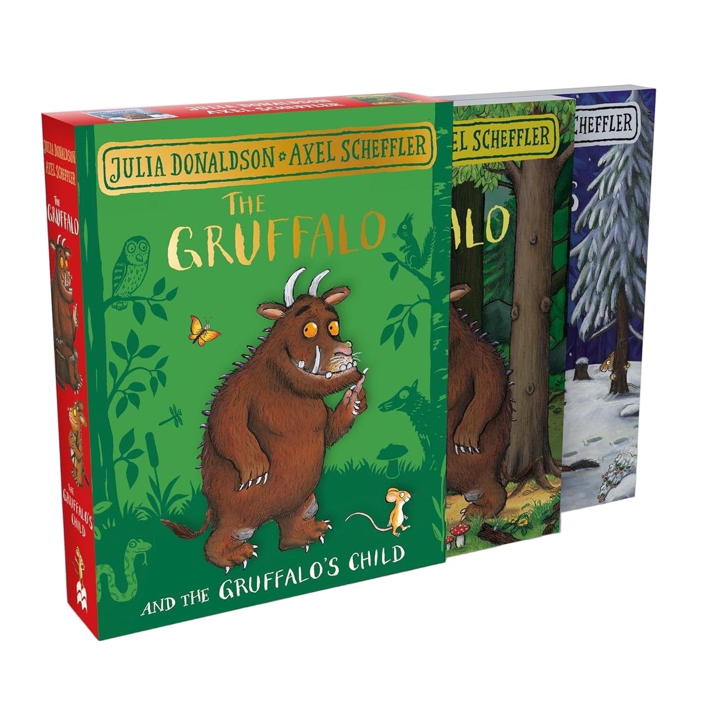 Three books from 'The Gruffalo' series by Julia Donaldson and Axel Scheffler on a white background.