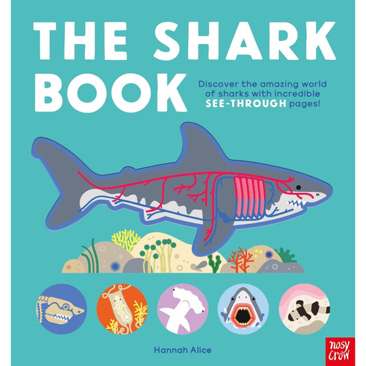 Book cover of 'The Shark Book' with a shark illustration and colorful design on a teal background.