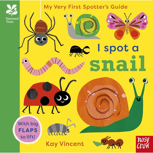 Book cover of 'I Spot a Snail' with illustrations of insects and a snail, featuring the National Trust logo.