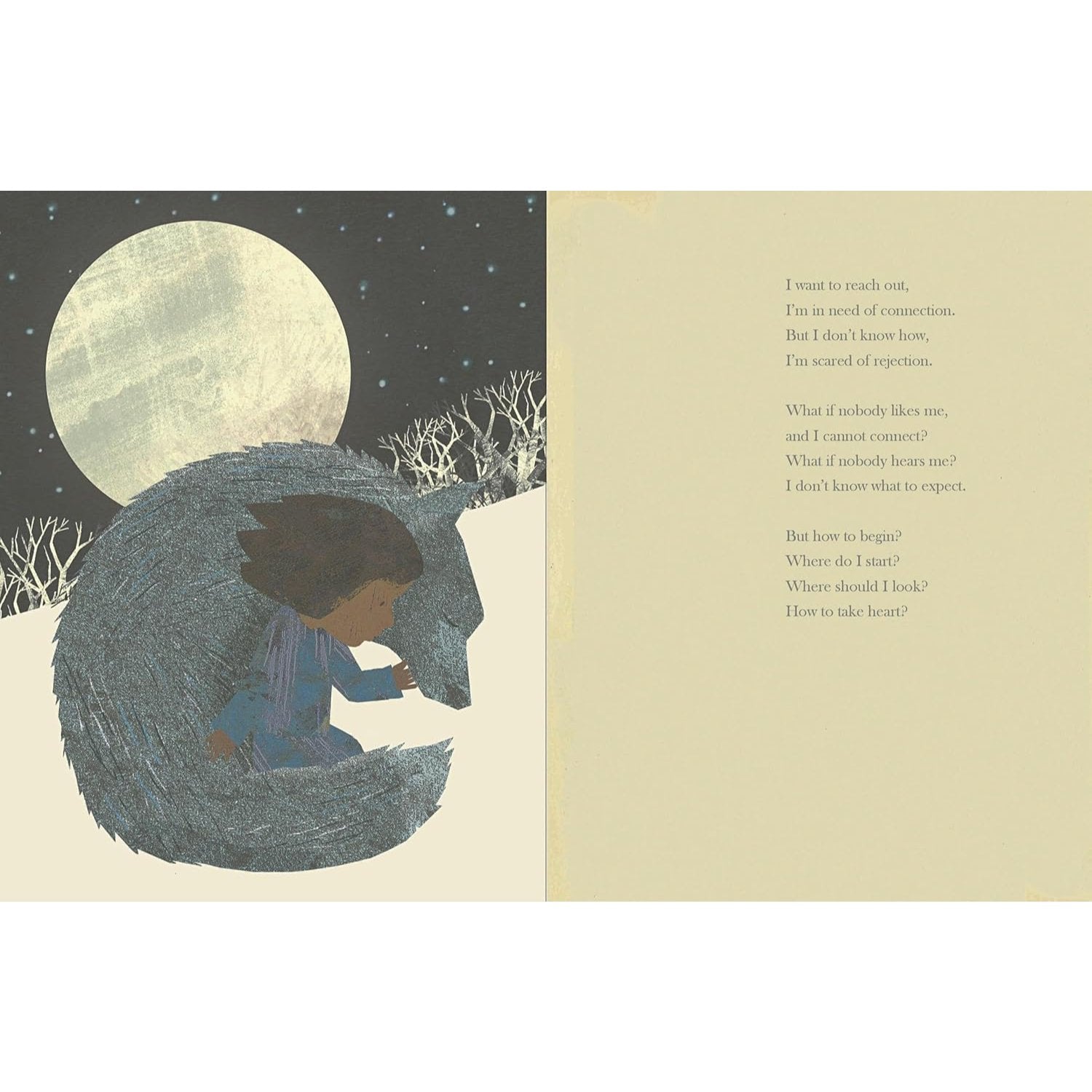 Illustrated book page with a child and wolf under a moonlit sky