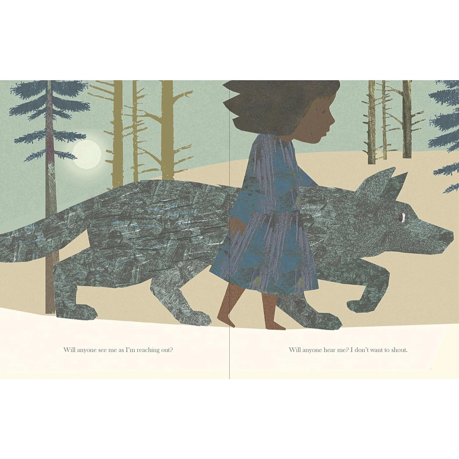 Illustration of a child and a wolf walking together in a snowy landscape with trees in the background.
