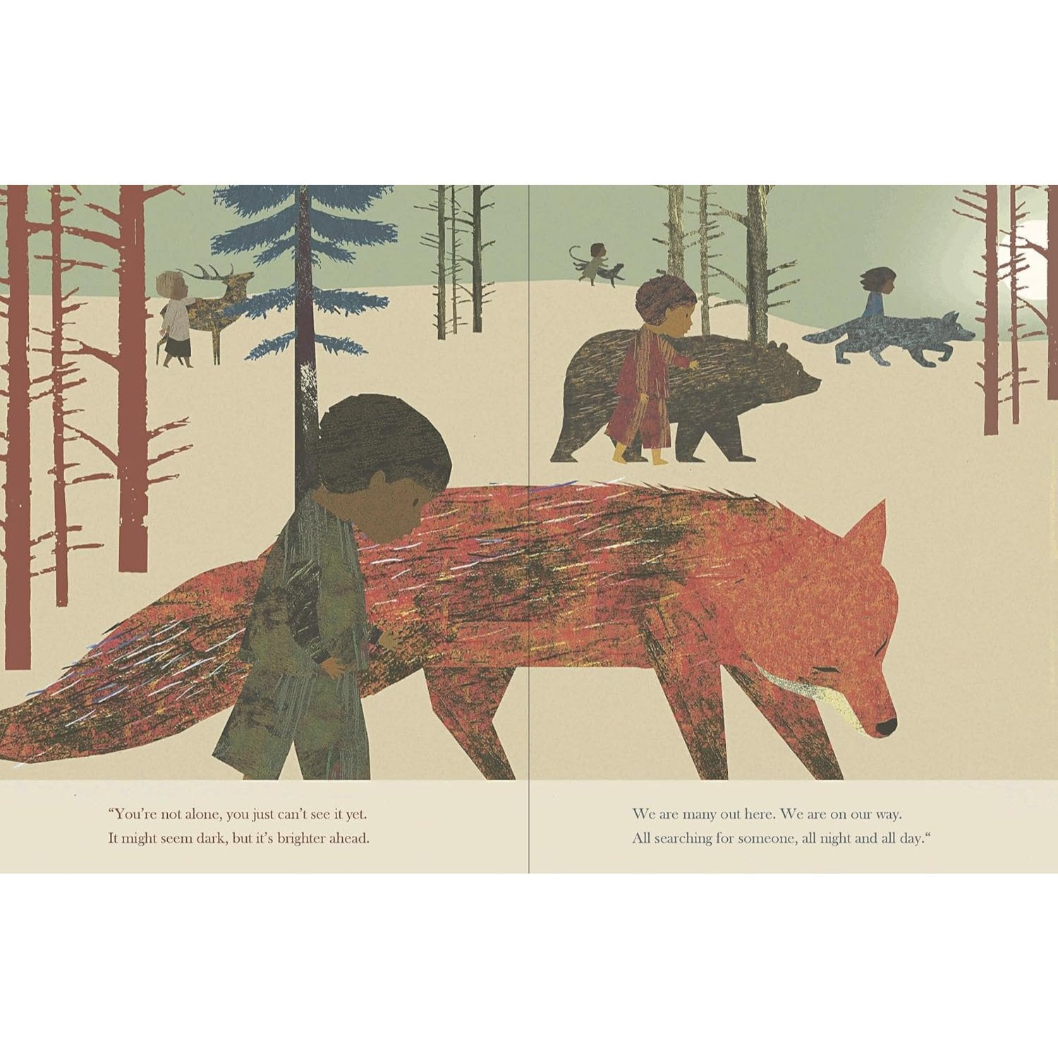 Illustrated book page with children, a bear, and a fox in a forest setting.