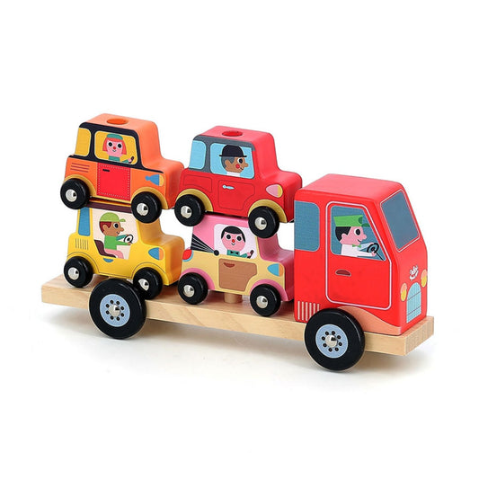 Stacker Car Transporter with 4 Cars | Designed by Ingela P. Arrhenius | Wooden Play Toy