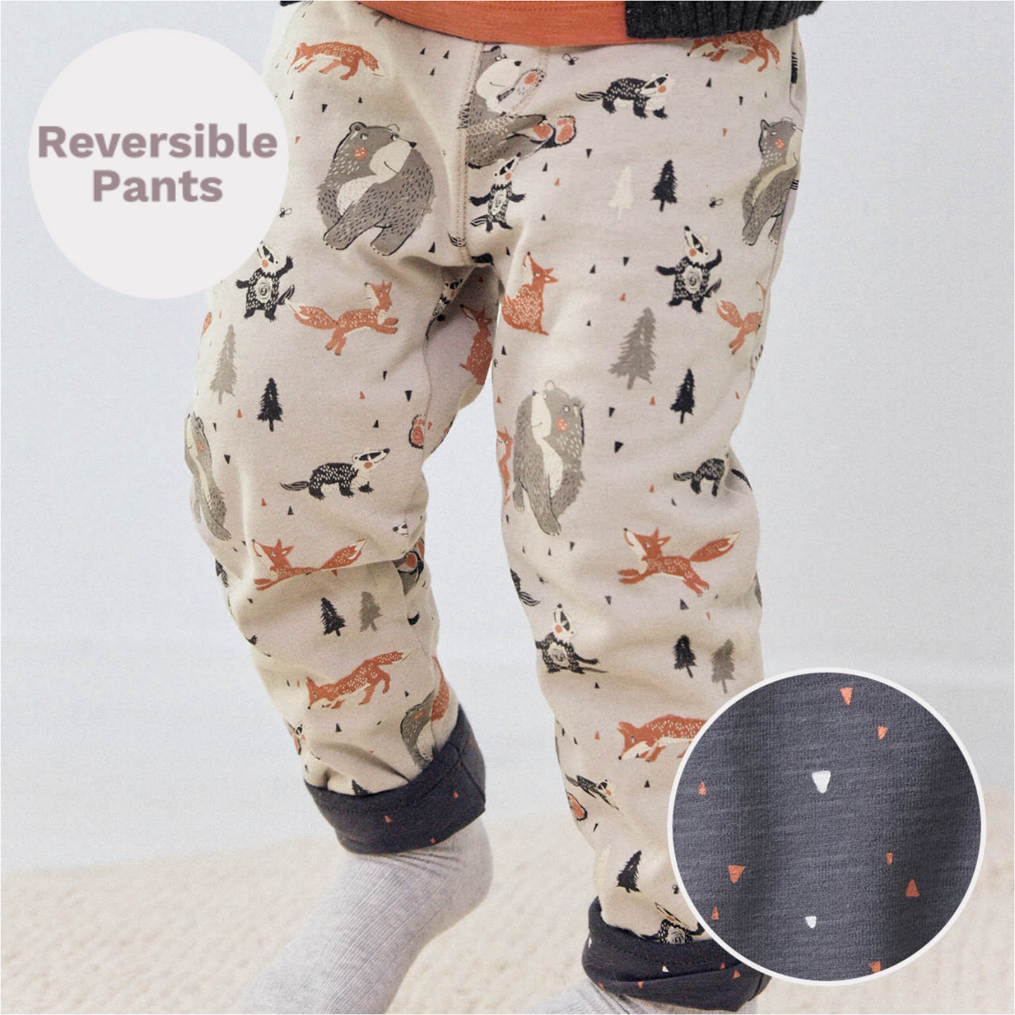 Woodland Animals | Beige - Anthracite | Kids Reversible Pants | GOTS Organic Cotton