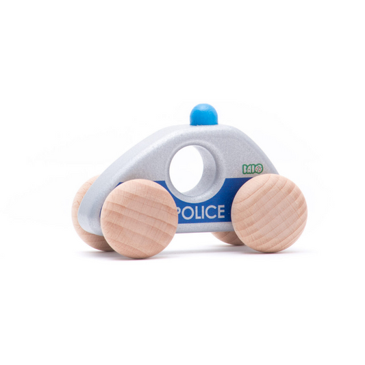 Bajo Wooden toy police car with blue light on a white background