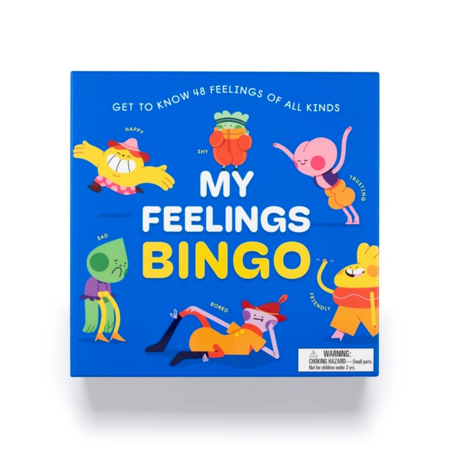 My Feelings Bingo game box with colorful illustrations on a blue background