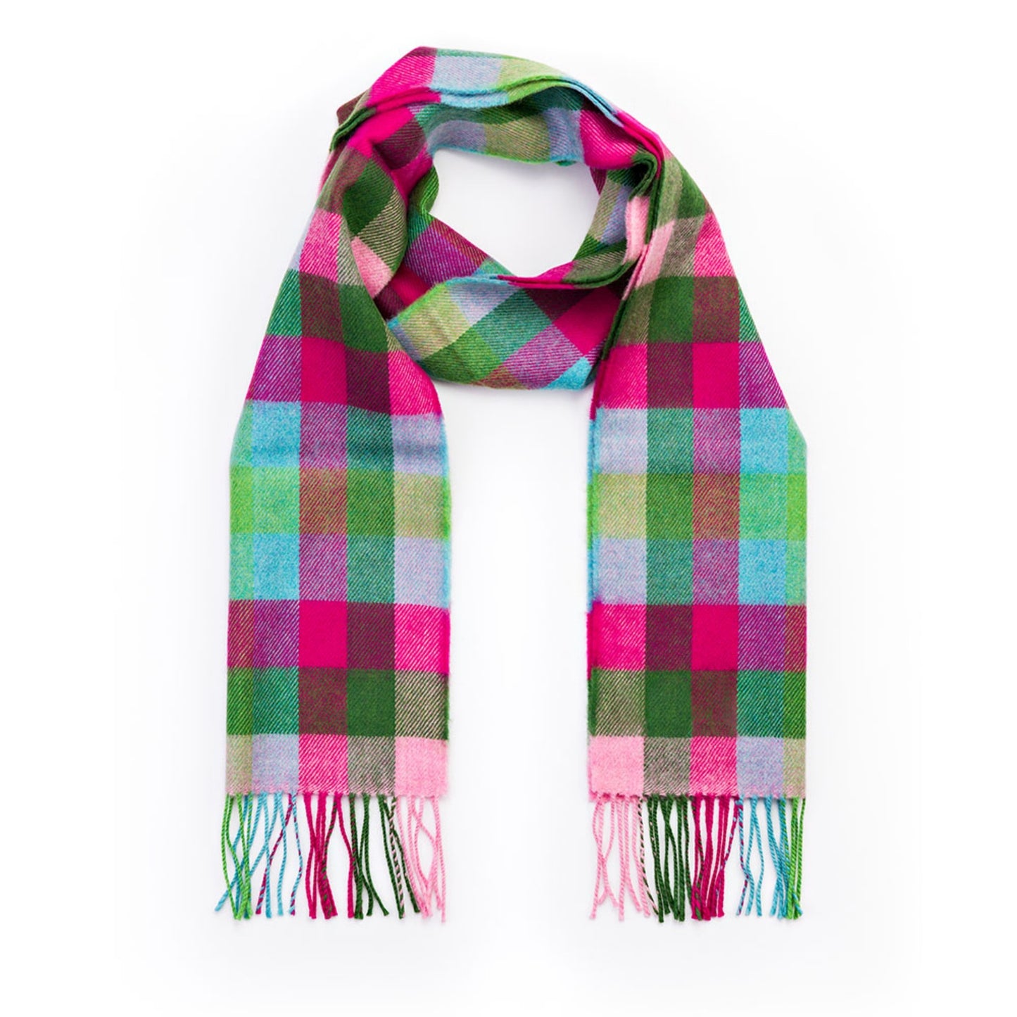 Pink, Raspberry, Blue and Green Block Check Pattern | Merino Luxury Wool Scarf | Made in Nenagh, Co. Tipperary
