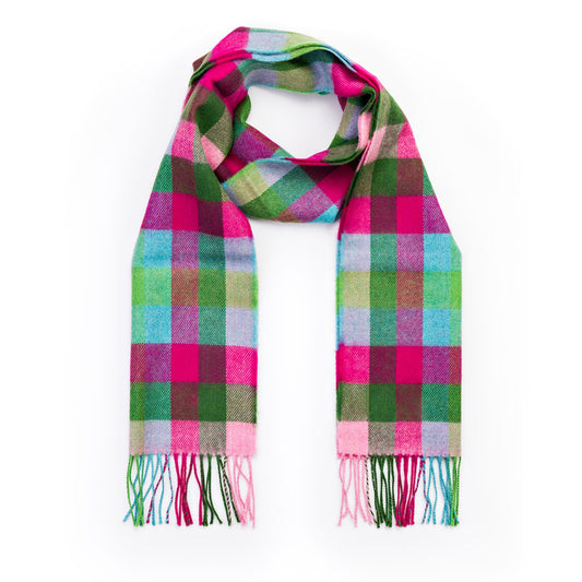 Pink, Raspberry, Blue and Green Block Check Pattern | Merino Luxury Wool Scarf | Made in Nenagh, Co. Tipperary