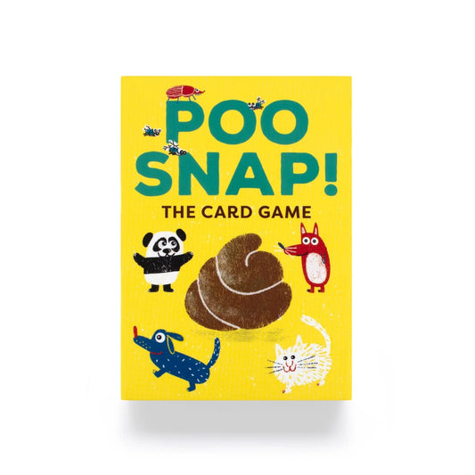 Card game box titled 'Poo Snap!' with cartoon animals on a yellow background