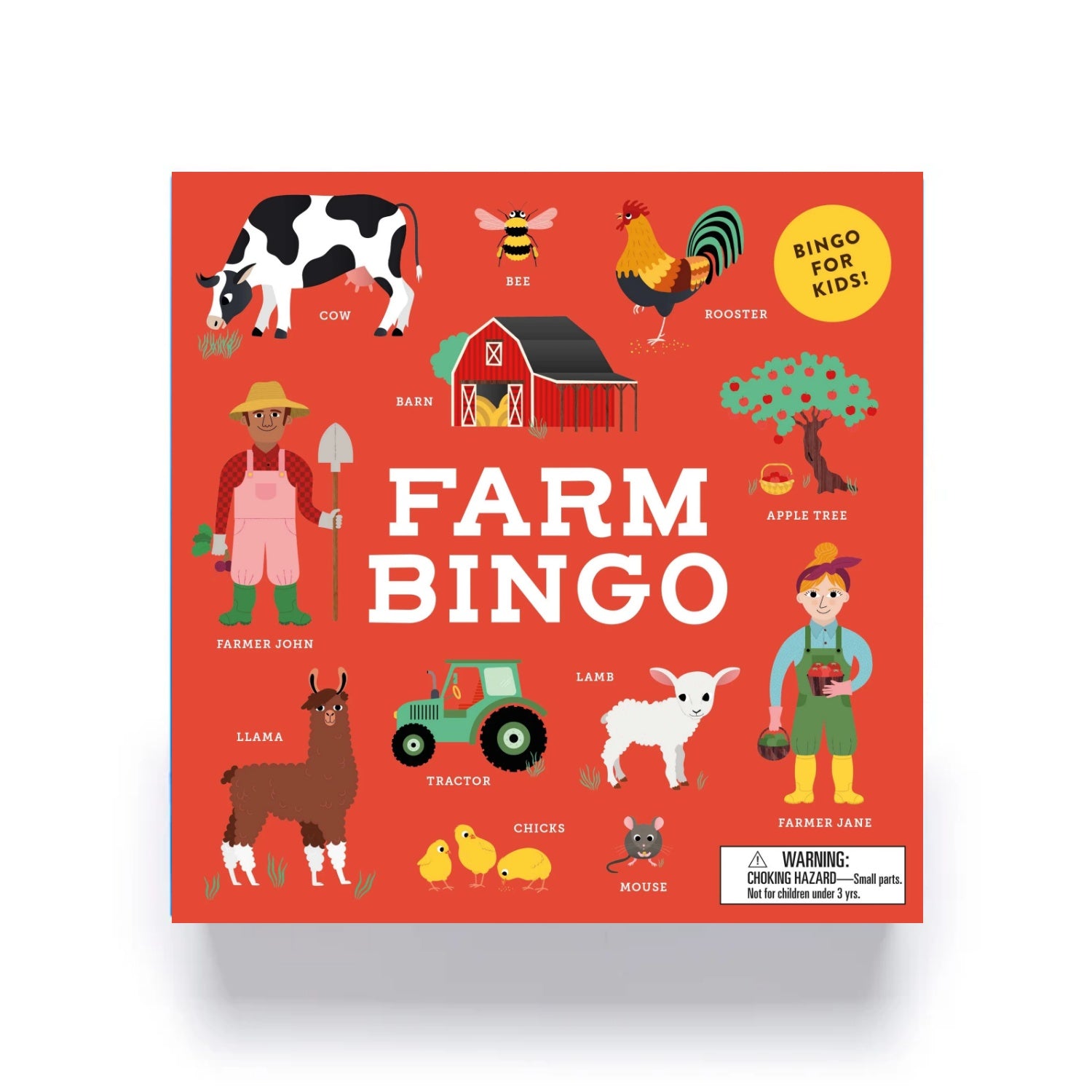 Farm Bingo game box with illustrations of farm animals and a barn on a red background.