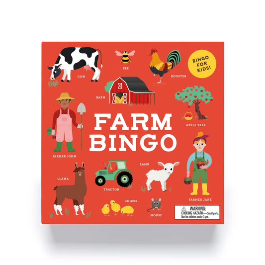 Farm Bingo game box with illustrations of farm animals and a barn on a red background.