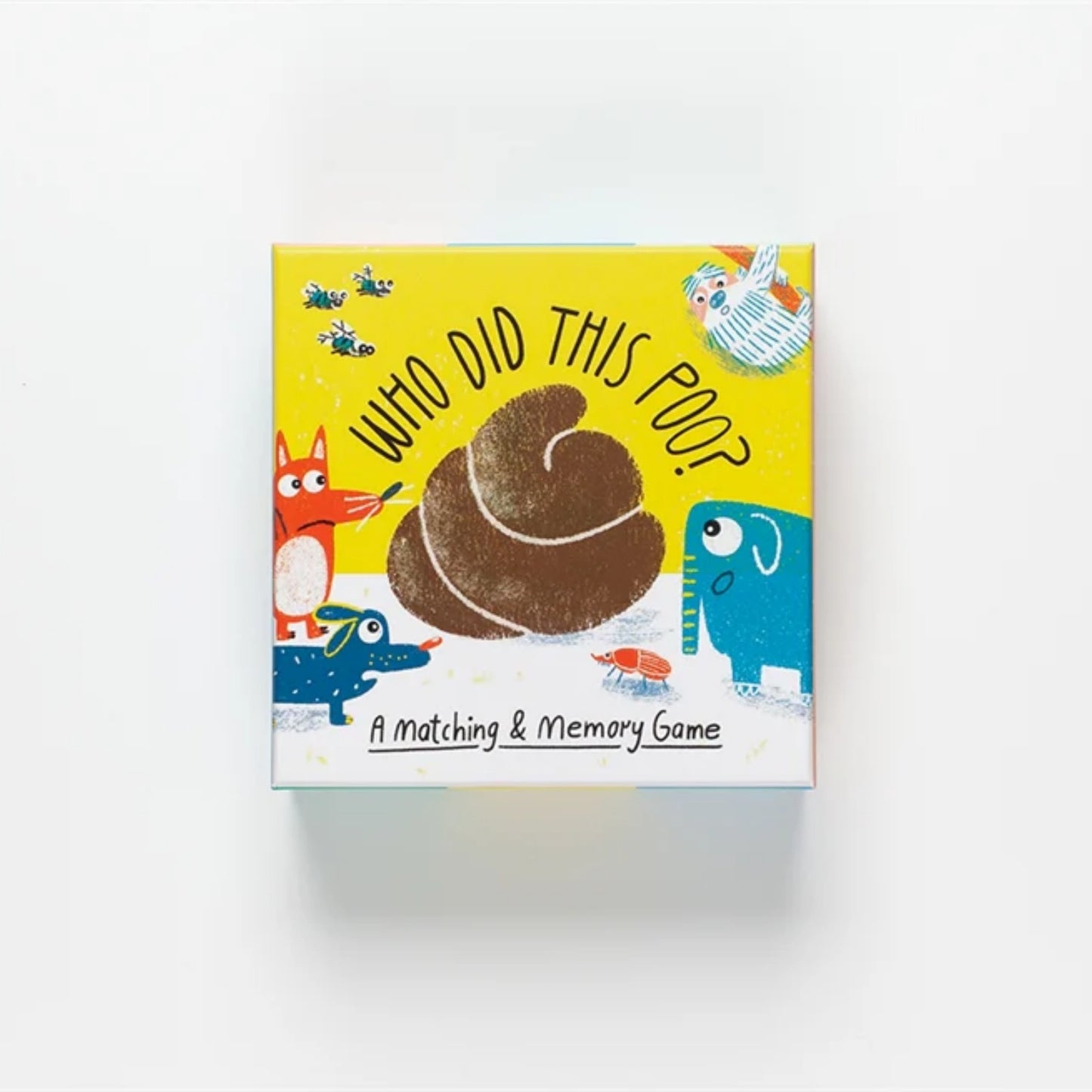 Children's matching and memory game box with cartoon animals and text on a white background