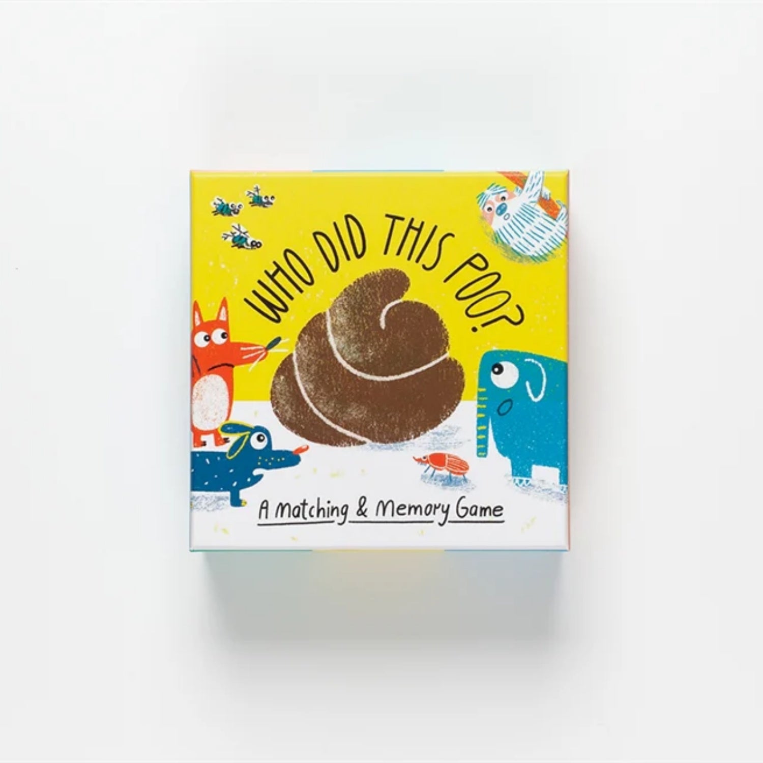 Children's matching and memory game box with cartoon animals and text on a white background