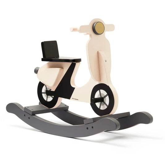 Wooden scooter-shaped rocking toy on a white background