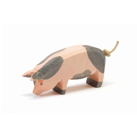 Spotted Pig, Head Low | Farm Animal Figure | Wooden Toys for Kids