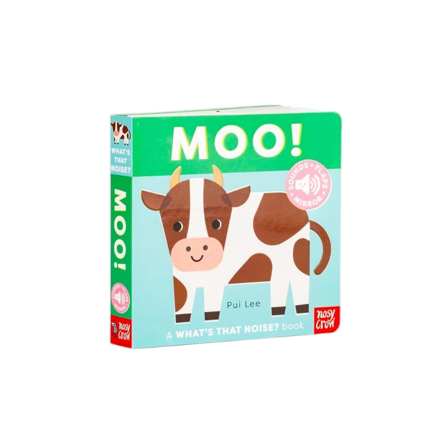Children's book titled 'MOO!' with a cow illustration on a white background