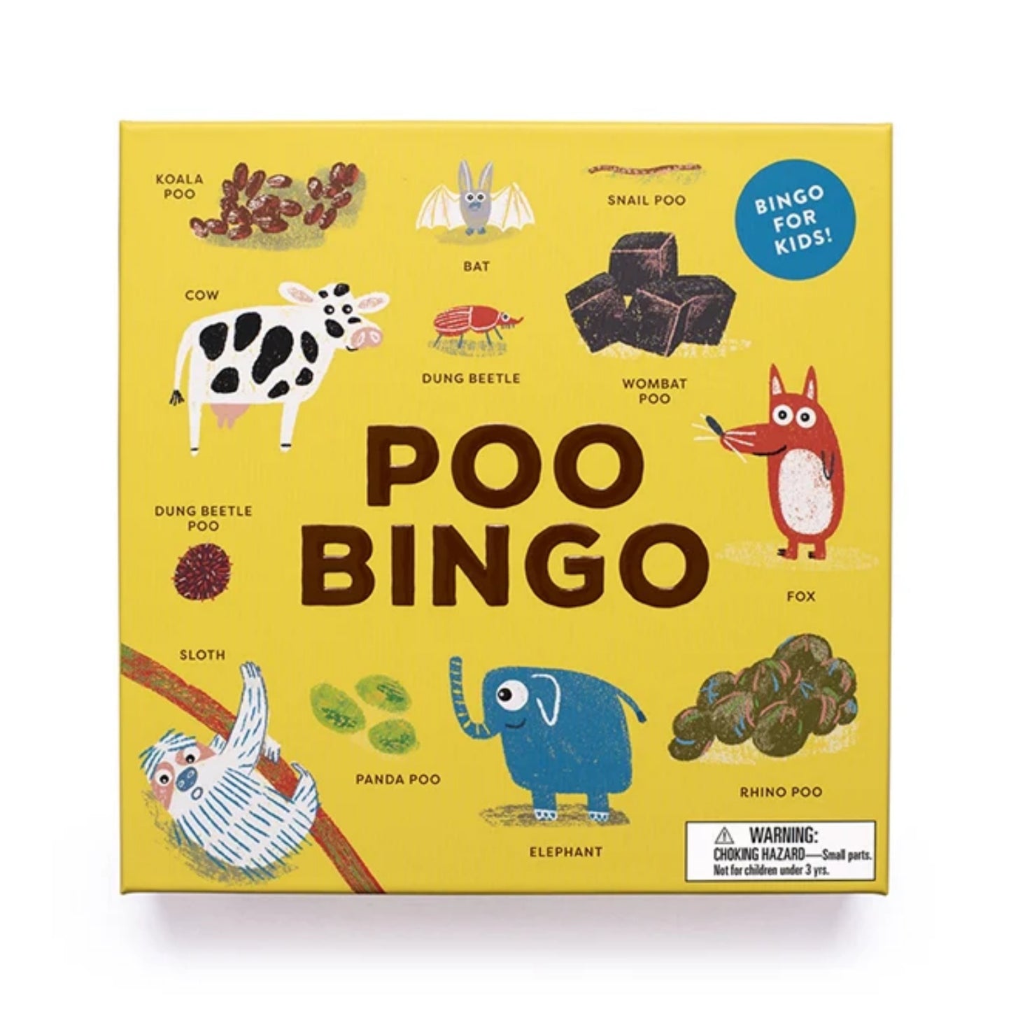 Poo Bingo game box with illustrations of animals and their 'poo', on a yellow background.