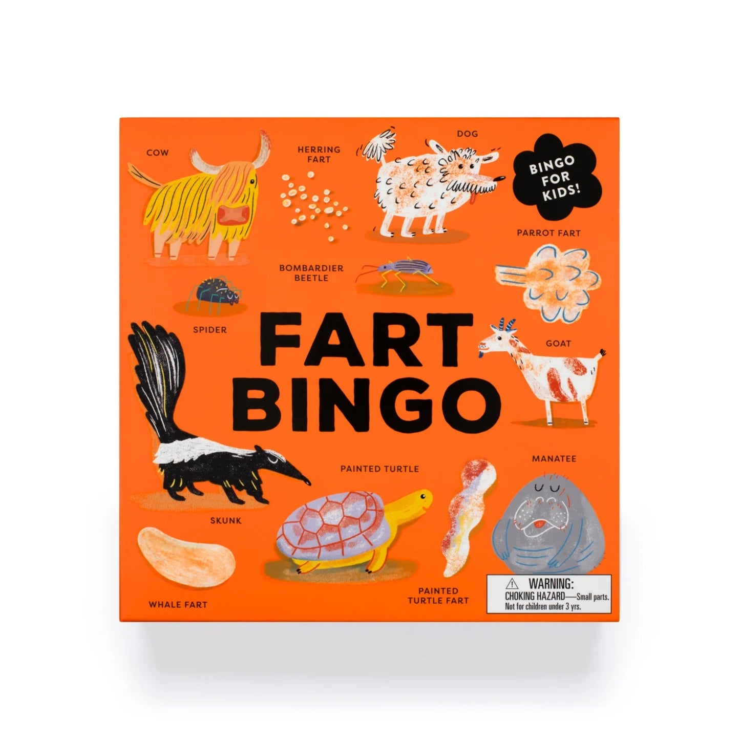 Fart Bingo game box with illustrations of animals and their associated farts on an orange background.