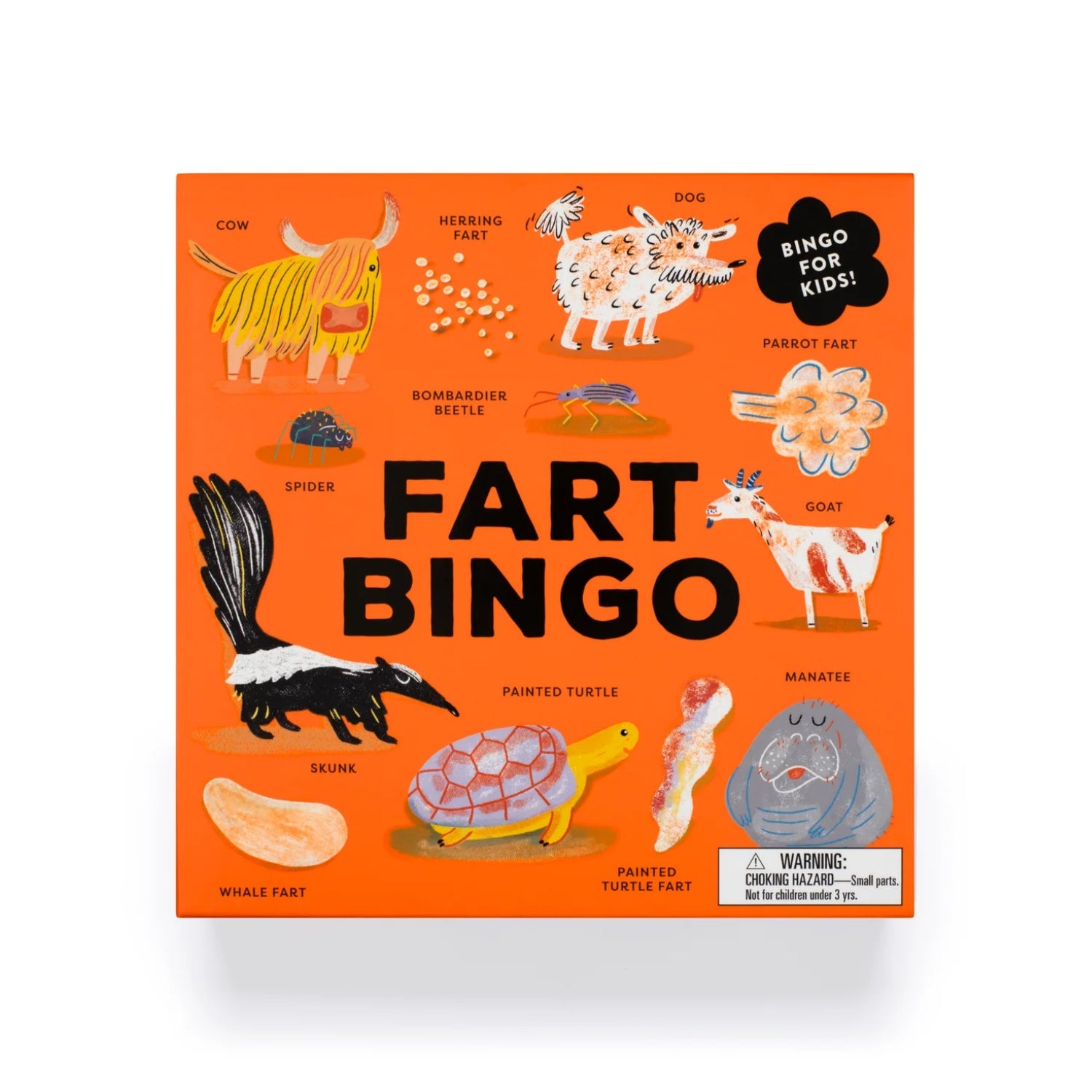 Fart Bingo game box with illustrations of animals and their associated farts on an orange background.