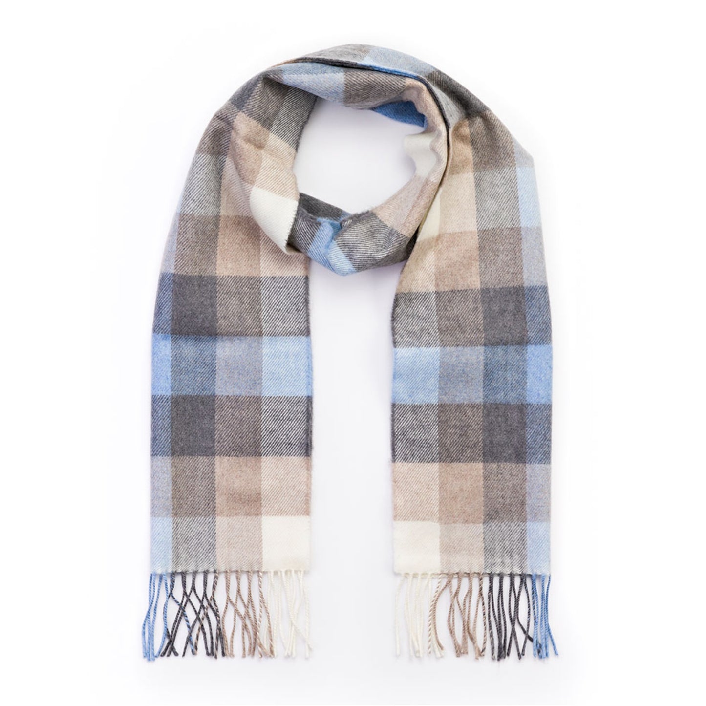 Blue, Grey, Stone and White Block Check Pattern | Merino Luxury Wool Scarf | Made in Nenagh, Co. Tipperary