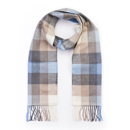 Blue, Grey, Stone and White Block Check Pattern | Merino Luxury Wool Scarf | Made in Nenagh, Co. Tipperary