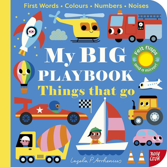 Children's book cover titled 'My BIG PLAYBOOK Things that go' with colorful illustrations of vehicles and objects.