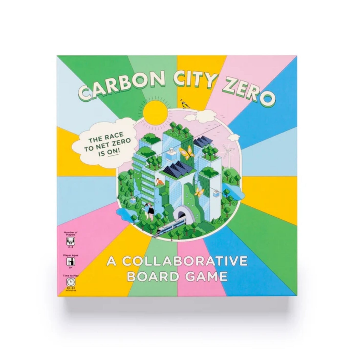 Board game box titled 'Carbon City Zero' with colorful design and text.