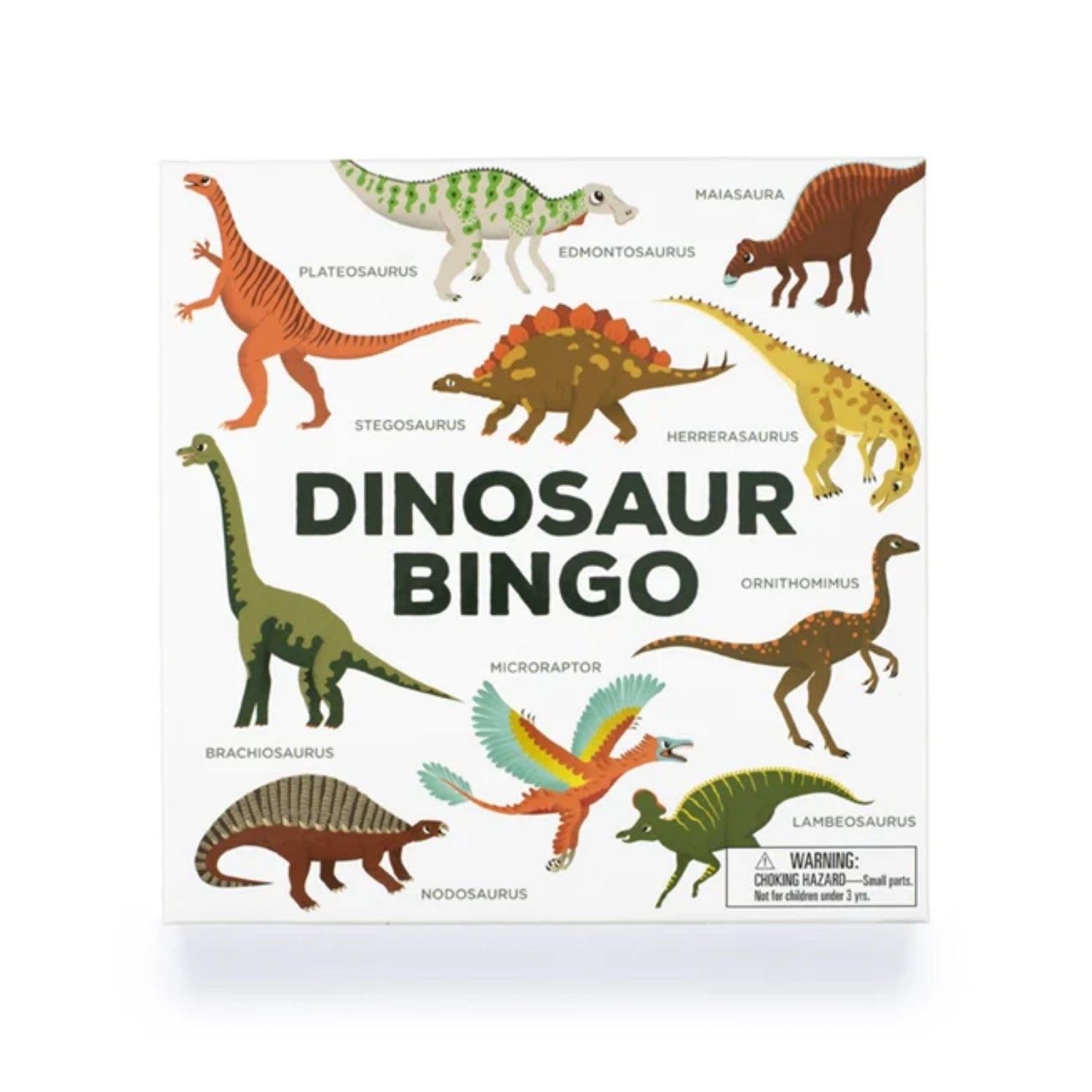 Dinosaur bingo game box with illustrations of various dinosaurs on a white background