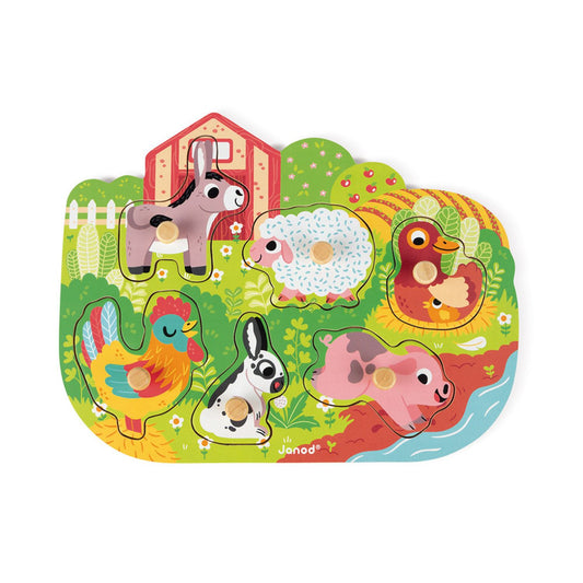 Happy Farm Wooden Pegged Puzzle with 6 Different Animals | Wooden Toddler Activity Toy