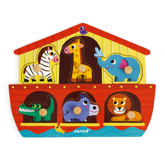Noah's Ark Wooden Pegged Puzzle with 6 Different Animals | Wooden Toddler Activity Toy