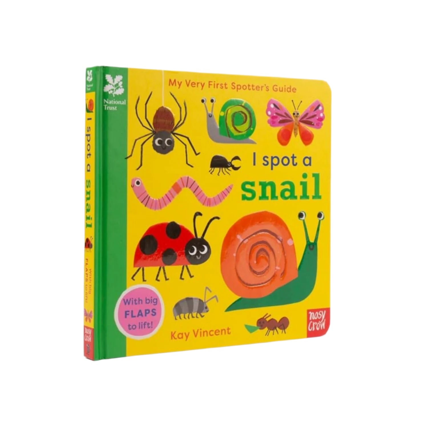 Children's book titled 'I Spot a Snail' with colorful illustrations on a yellow background