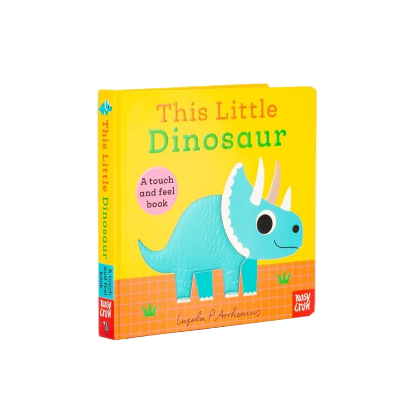 Children's book titled 'This Little Dinosaur' with a triceratops illustration on a yellow background.