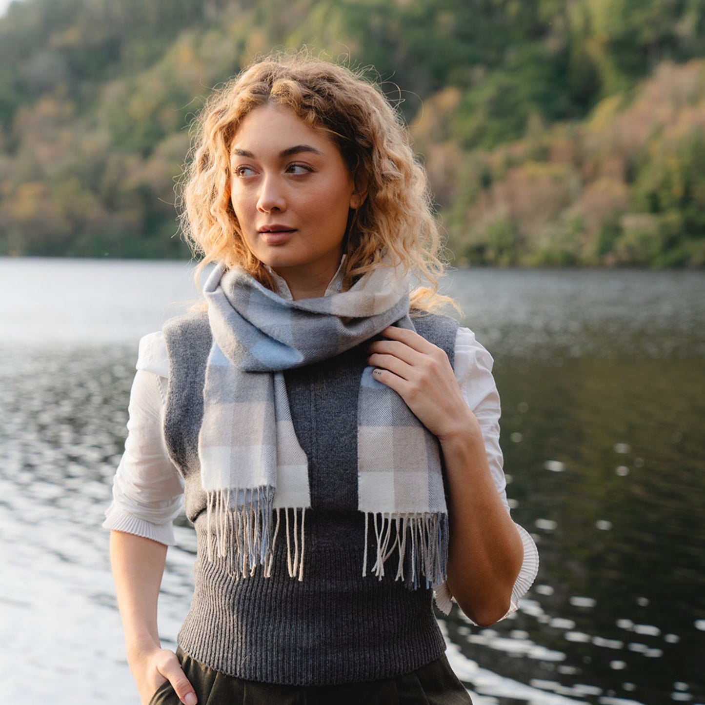 Blue, Grey, Stone and White Block Check Pattern | Merino Luxury Wool Scarf | Made in Nenagh, Co. Tipperary