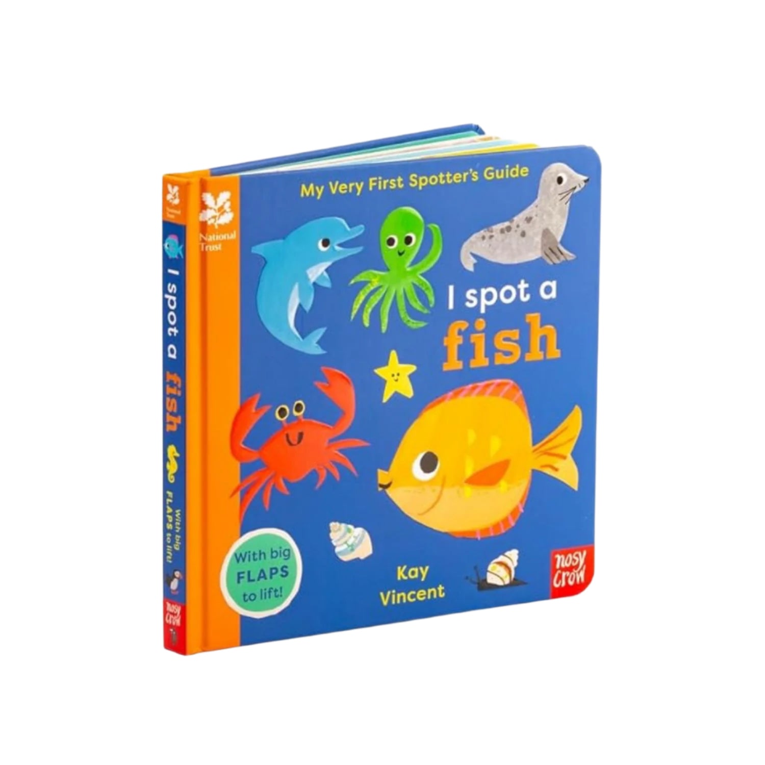 Children's book titled 'I Spot a Fish' with colorful illustrations on a white background