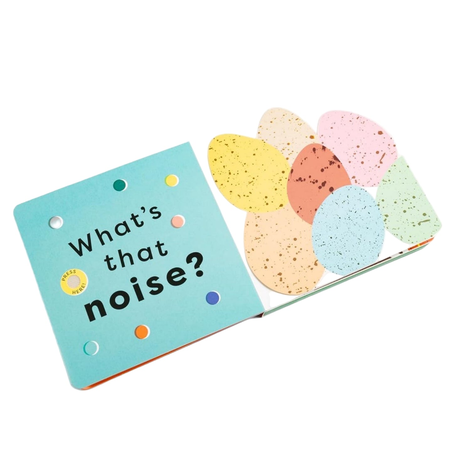 Children's book titled 'What's that noise?' with colorful pages on a white background