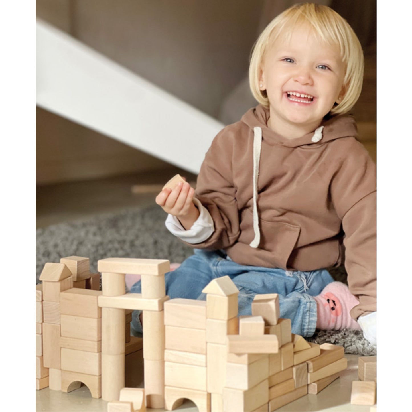 Natural Wooden Building Blocks In A Bag | 100 Classic Wooden Blocks | Develops Fine-Motor Skills