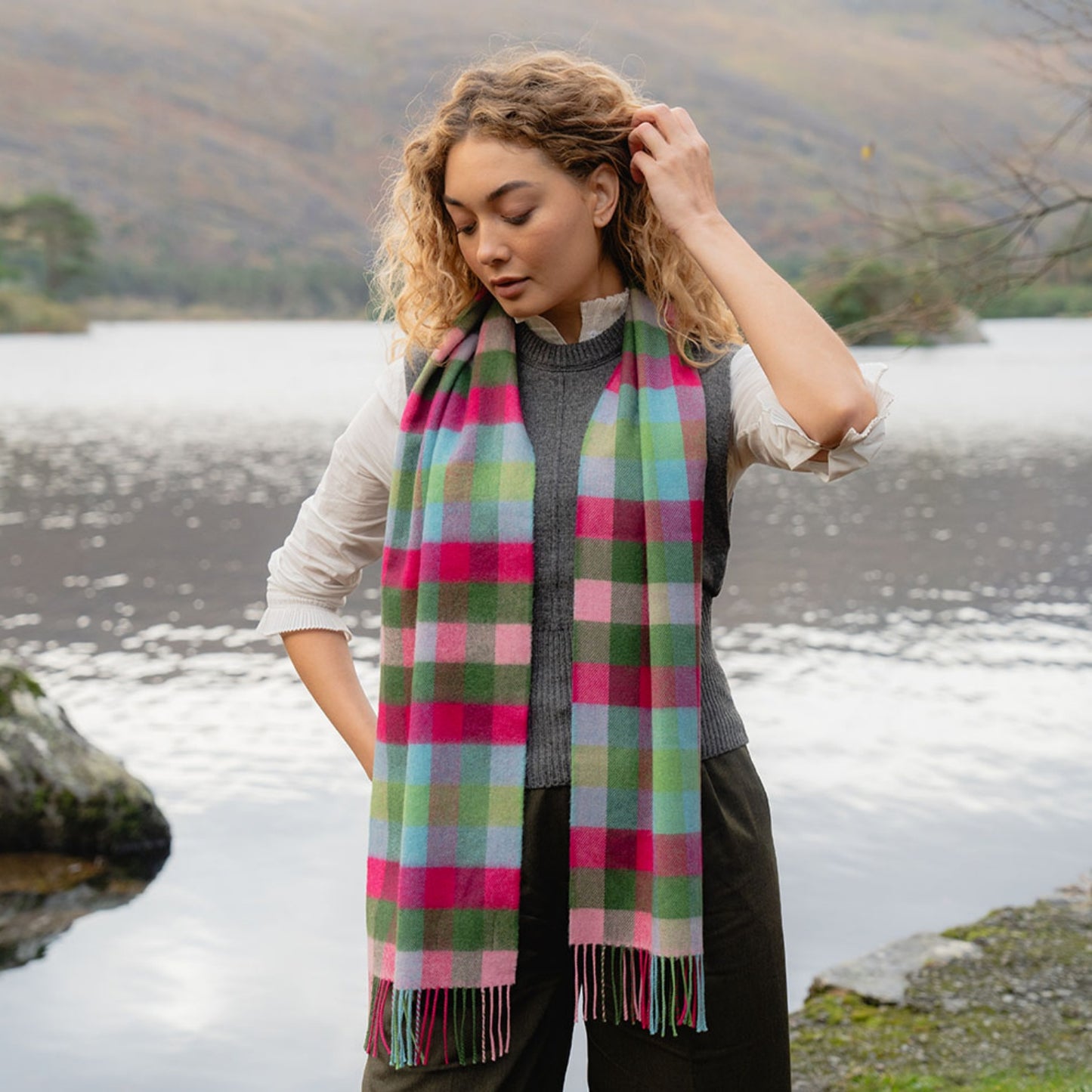 Pink, Raspberry, Blue and Green Block Check Pattern | Merino Luxury Wool Scarf | Made in Nenagh, Co. Tipperary