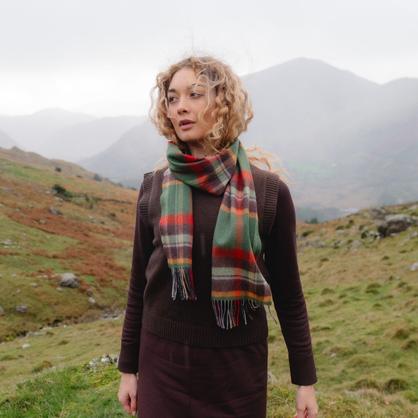Green, Rust, Orange and Brown Check Pattern | Merino Luxury Wool Scarf | Made in Nenagh, Co. Tipperary