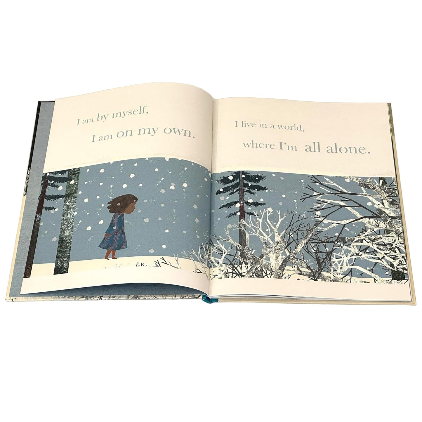 Open book with a winter scene and text on a white background
